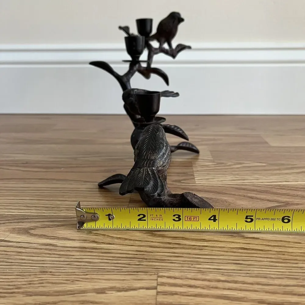 Vintage patinated brutalist abstract birds on branch candelabra metal 3 candles